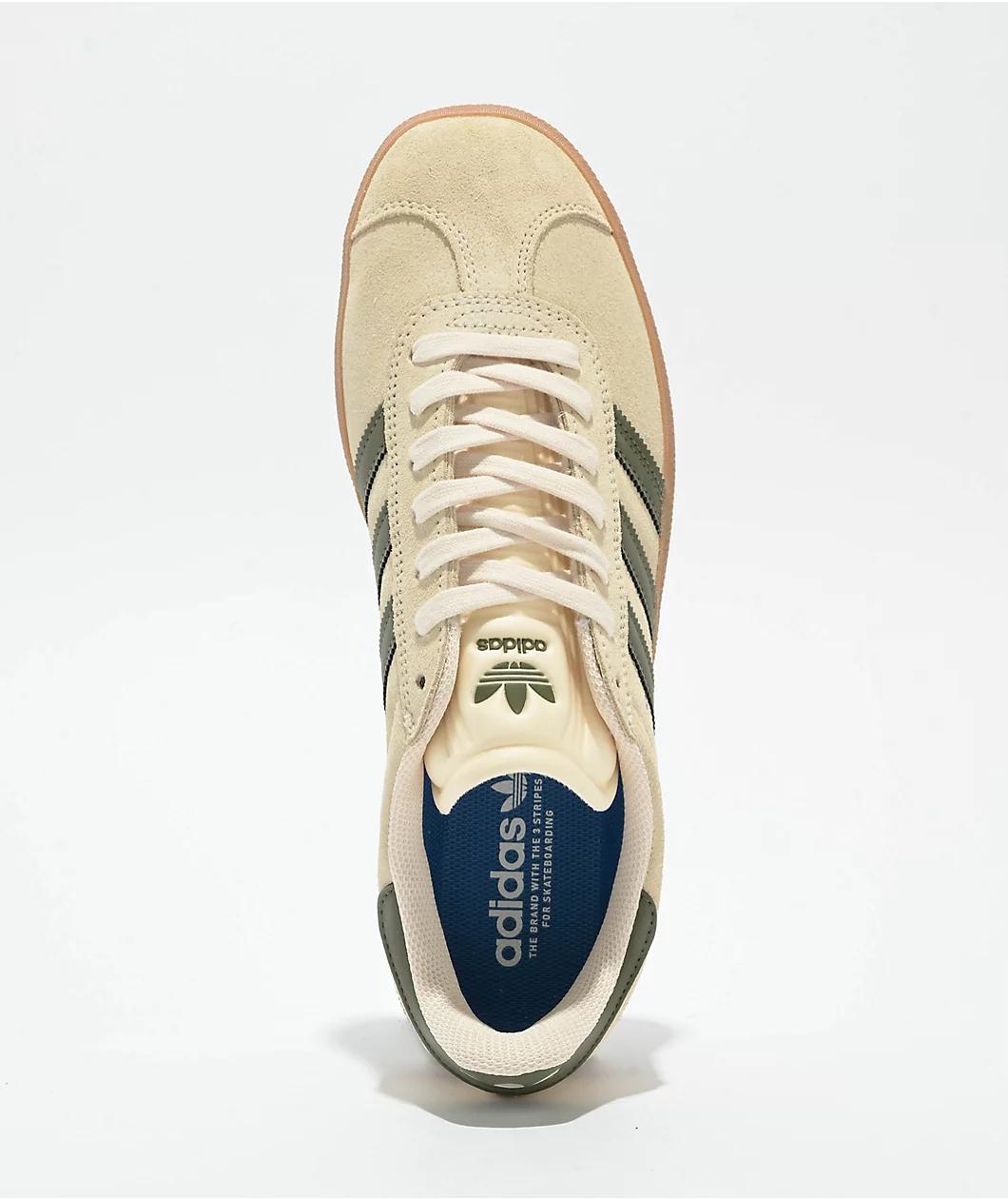 adidas Gazelle ADV Ecru Tint, Focus Olive & Gum Skate Shoes Product Image