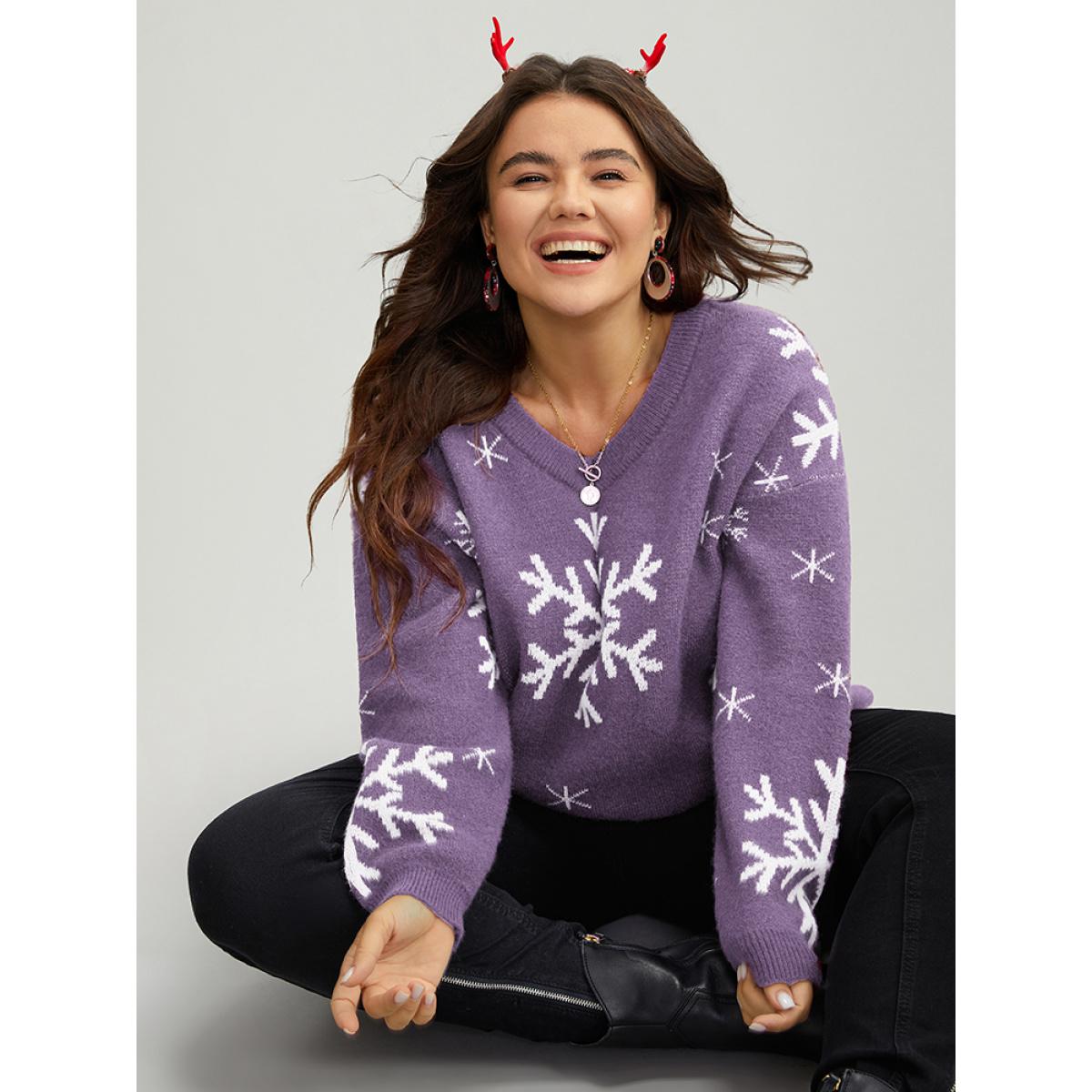 Plus Size Anti-Pilling Snowflake Print Pullover Mauve Women Casual Loose Long Sleeve V-neck Dailywear Pullovers BloomChic 10/M Product Image