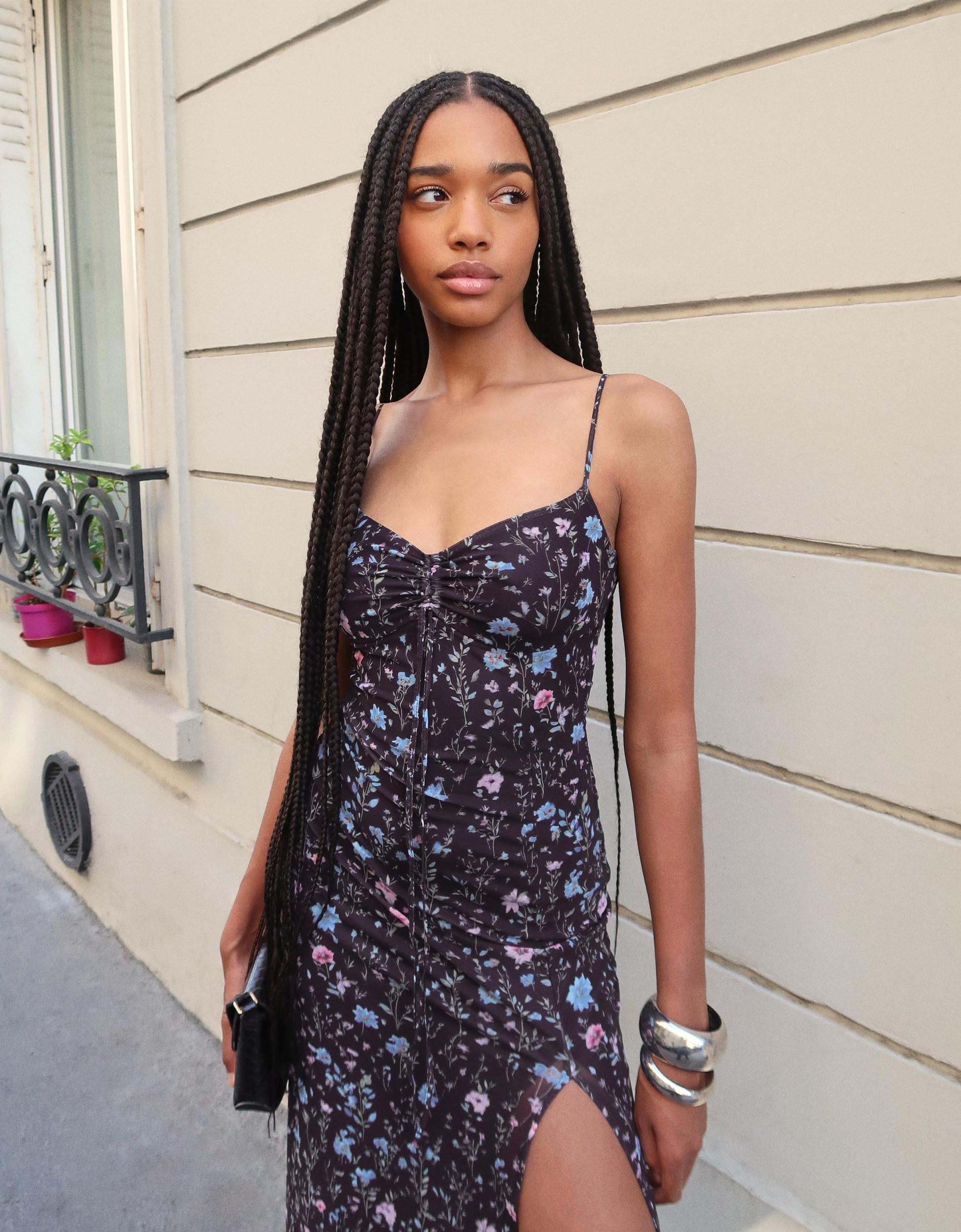 Printed strappy tulle midi dress Product Image