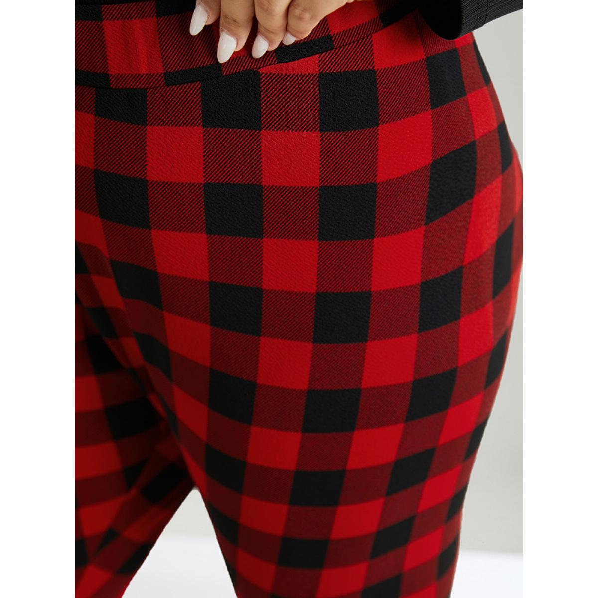 Plus Size Plaid Elastic Waist High Rise Skinny Leggings Women Raspberry Elegant High stretch Skinny High Rise Festival-Christmas Leggings BloomChic 22-24/3X Product Image