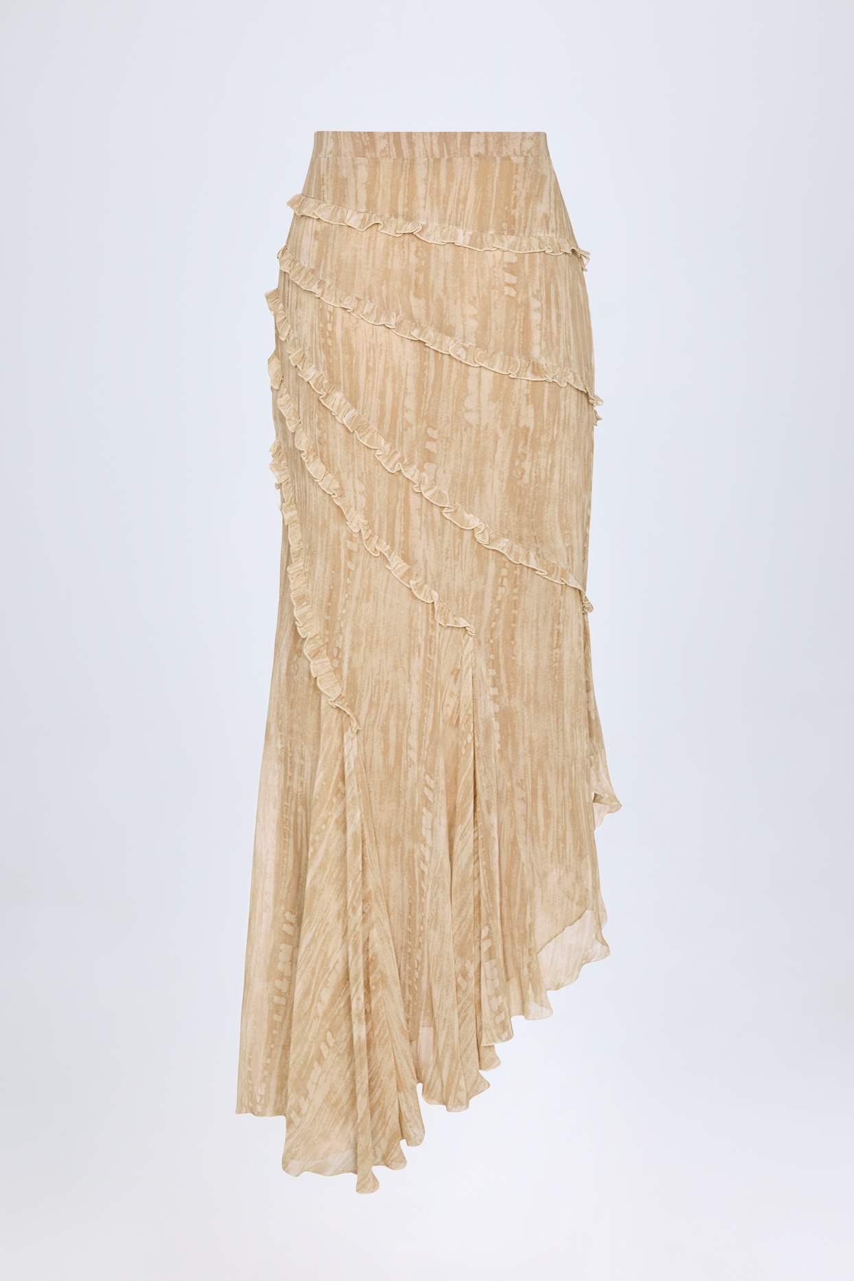 Ruffled Asymmetric Mid-Rise Maxi Skirt in Tan Print Product Image
