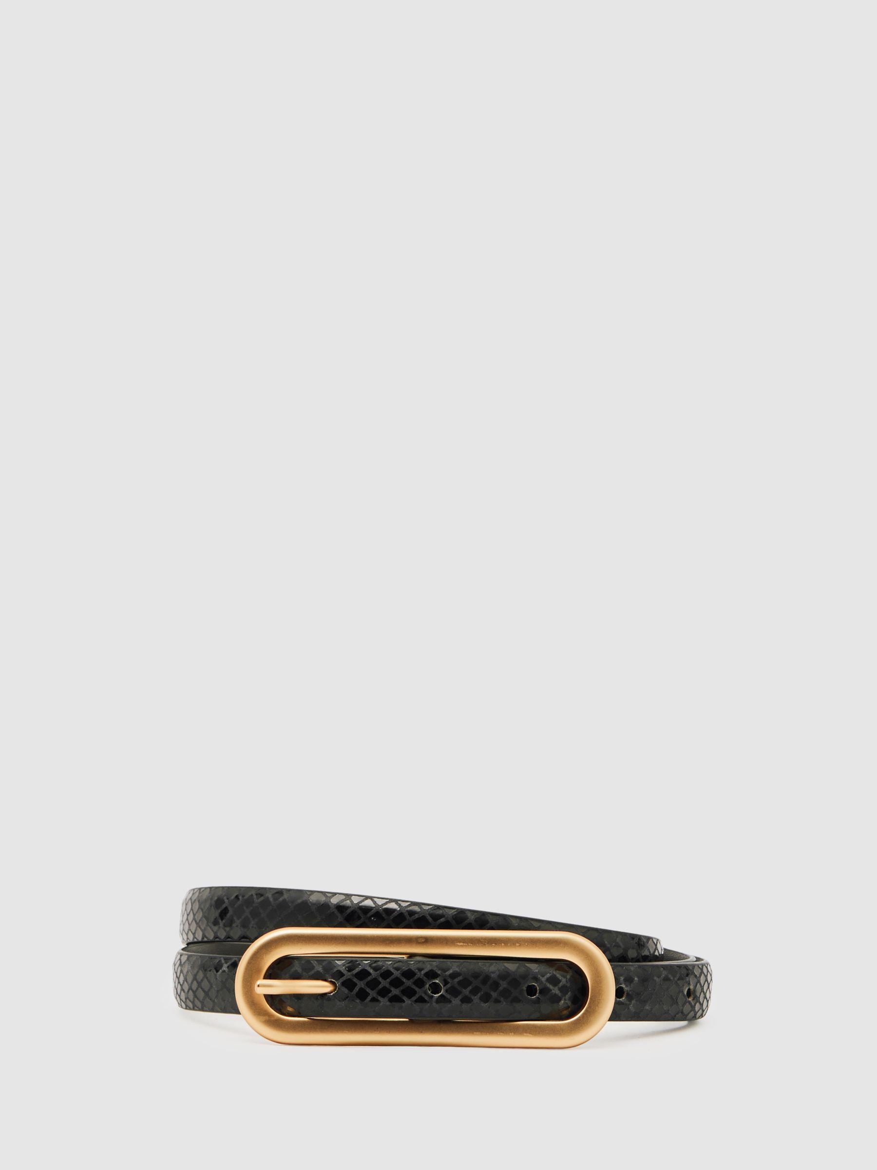 Leather Elongated-Buckle Skinny Belt in Black Product Image
