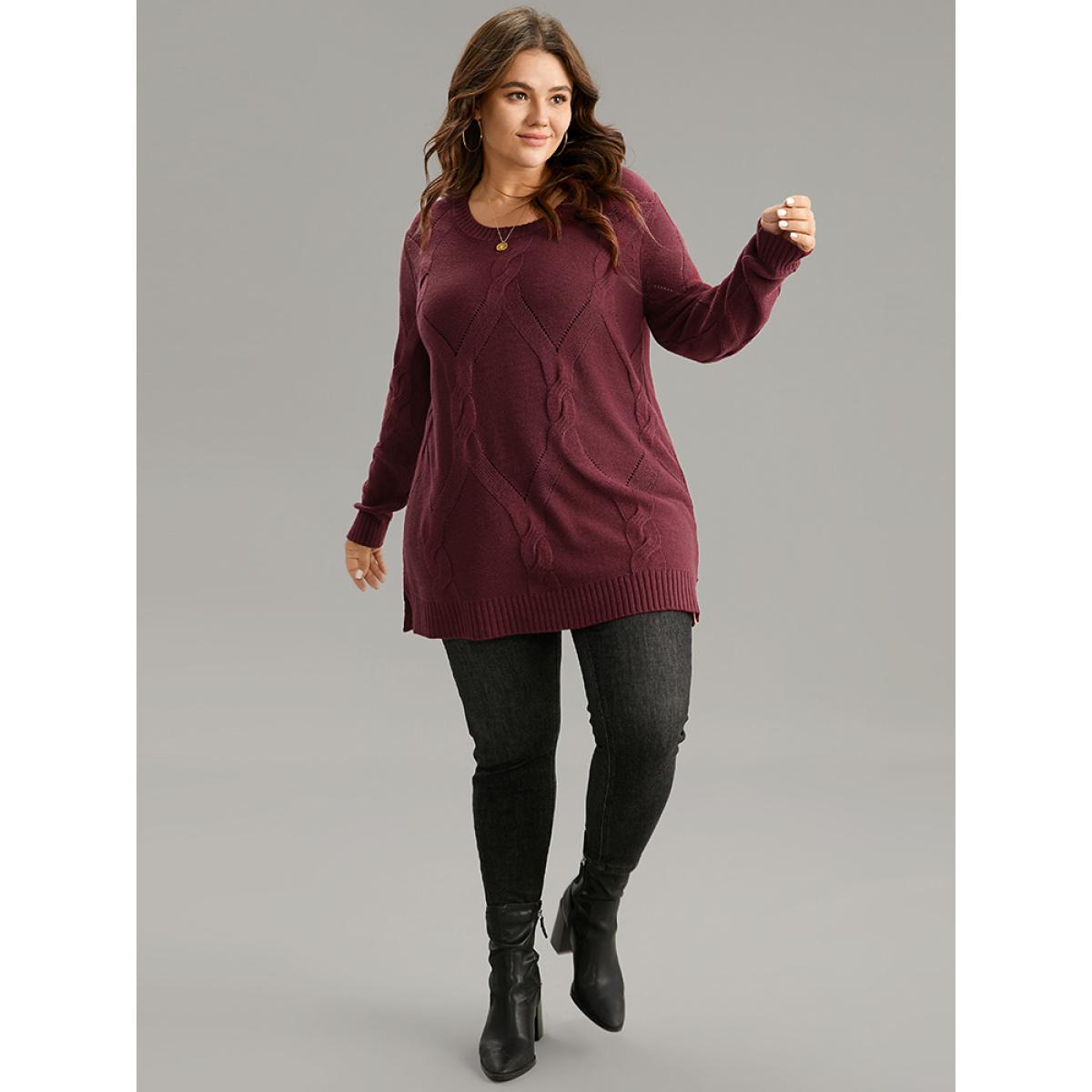 Plus Size Eyelet Cable Knit Elastic Hem Pullover Burgundy Women Casual Loose Long Sleeve Round Neck Dailywear Pullovers BloomChic 14-16/1X Product Image