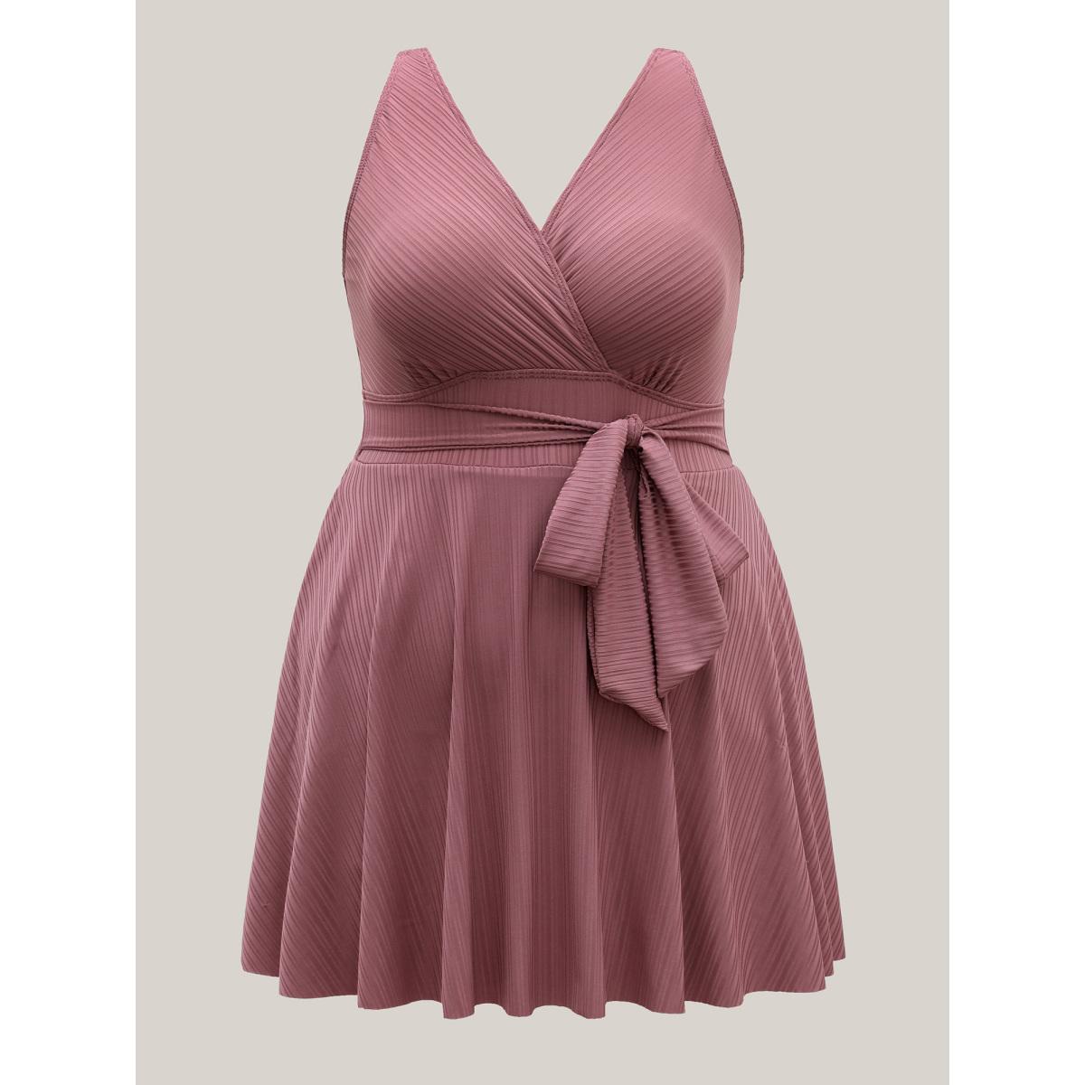 Plus Size Textured Belted Solid Swim Dress Women's Swimwear DustyPink Beach Bodycon Overlap Collar High stretch Curve Swim Dresses BloomChic 18-20/2X Product Image