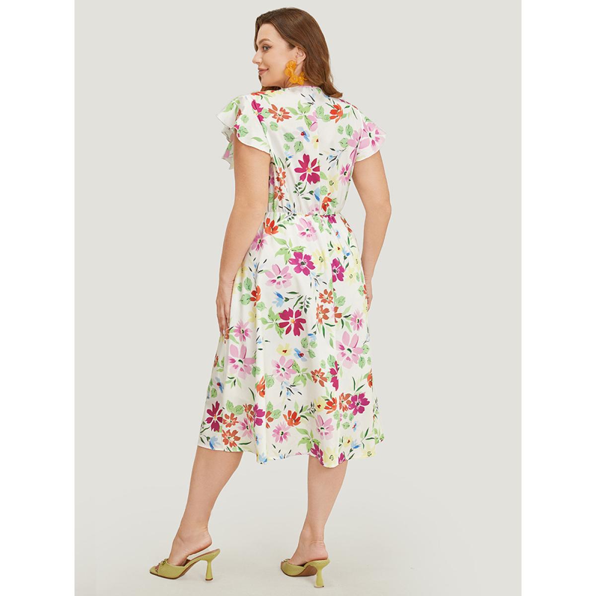 Plus Size Floral Knot Neck Pocket Cap Sleeve Ruffle Trim Dress Multicolor Women Elegant Knotted V-neck Cap Sleeve Curvy Midi Dress BloomChic 30/6X Product Image
