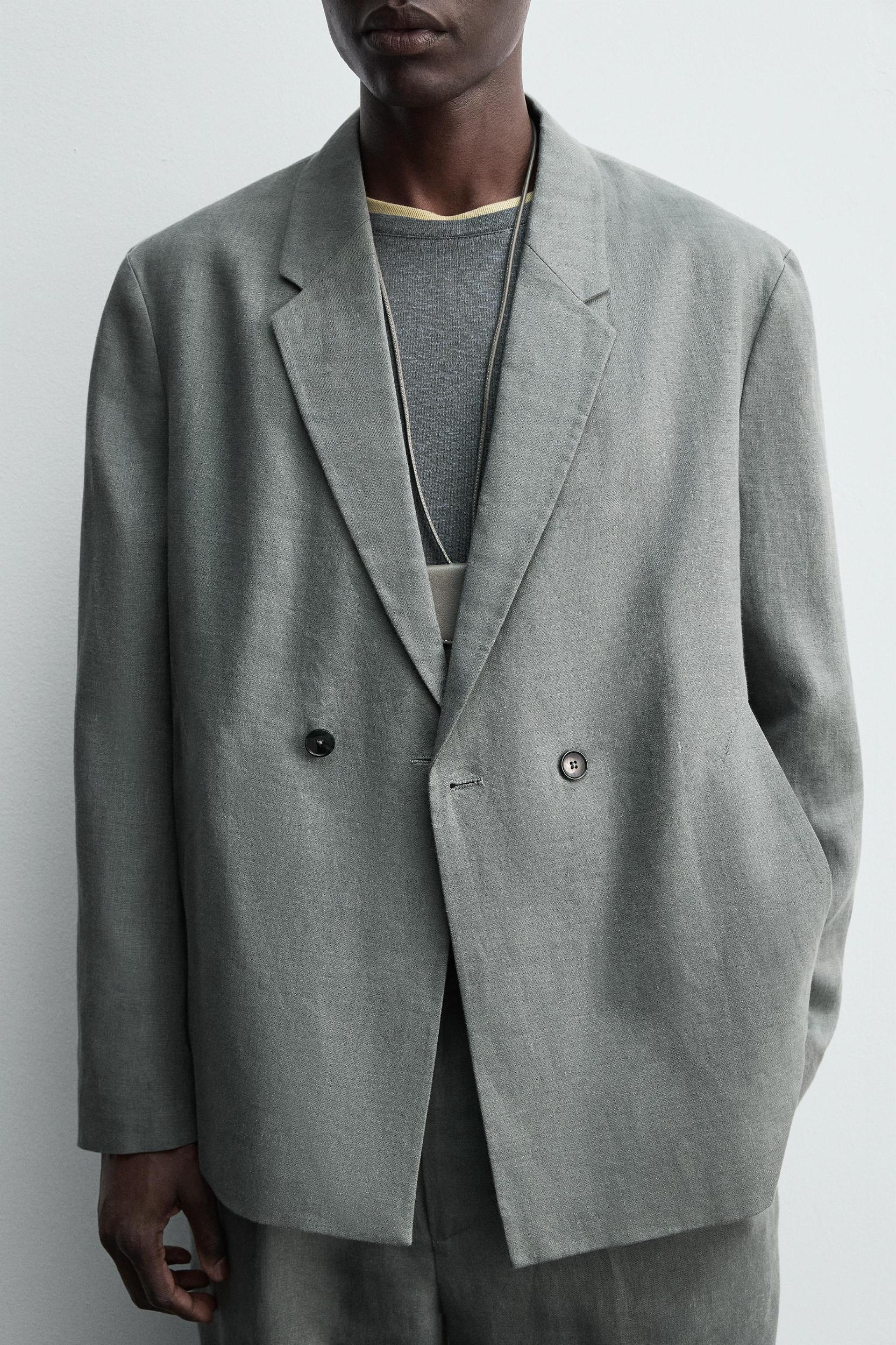 100% LINEN DOUBLE BREASTED SUIT BLAZER Product Image