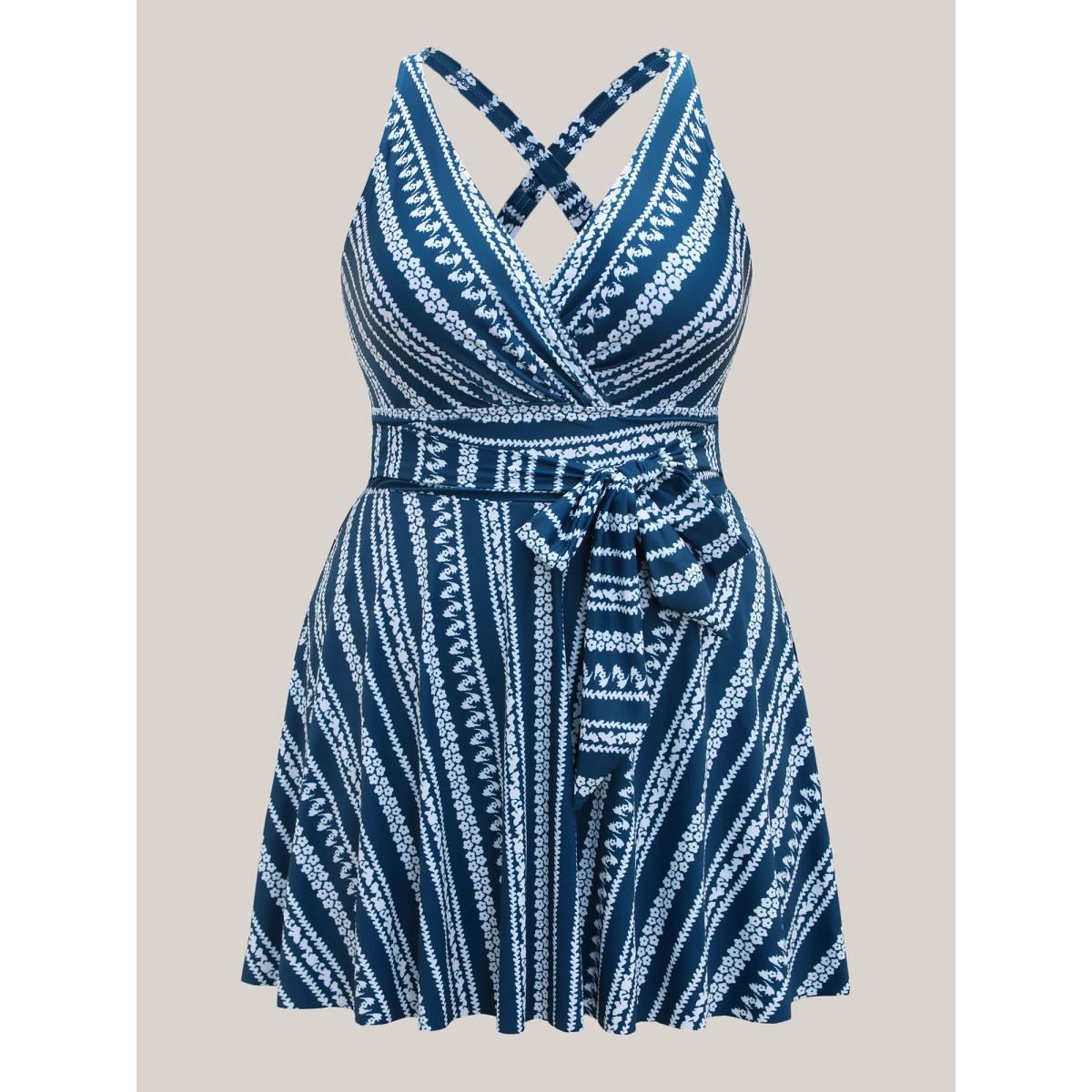 Plus Size Anti-Float Ties Boho Belted Swim Dress Women's Swimwear Aegean Beach Bodycon Overlap Collar High stretch Curve Swim Dresses BloomChic 14-16/1X Product Image