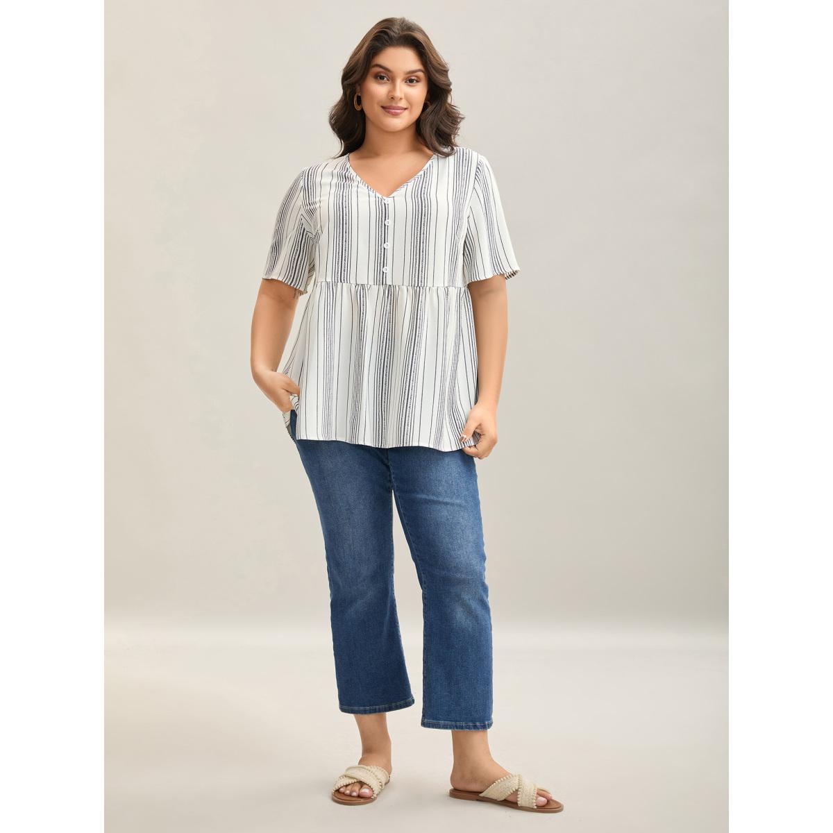 Plus Size Ivory Striped Button Detail Flowy Shirt Women Leisure Half Sleeve V-neck Vacation Blouses BloomChic 18-20/2X Product Image