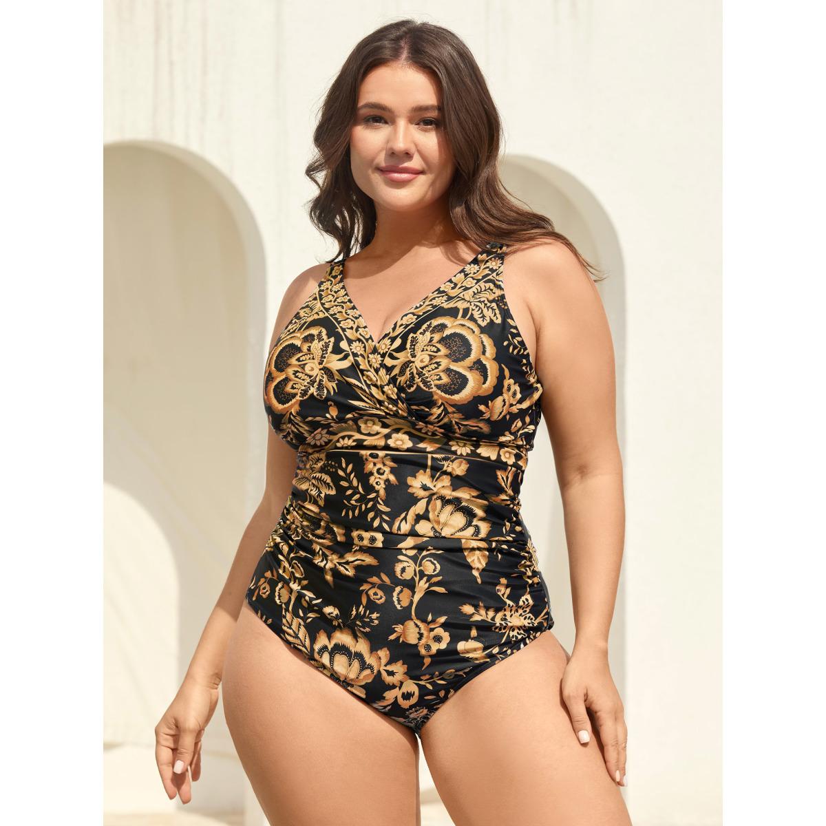 Plus Size Two-Piece Floral Print Ruched Mesh Swimsuit, Sarong Women's Swimwear Lightorange Beach Gathered Curve Bathing Suits High stretch One Pieces BloomChic 12/L Product Image