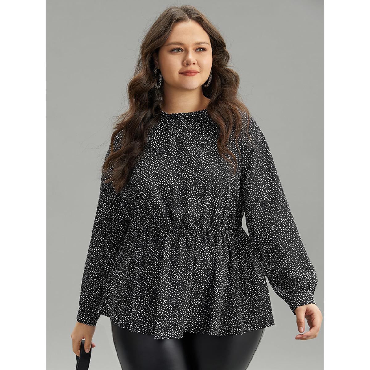 Plus Size Black Polka Dot Chiffon Frill Trim Cut Out Elastic Waist Blouse Women Office Long Sleeve Round Neck Office Blouses BloomChic 18-20/2X Product Image