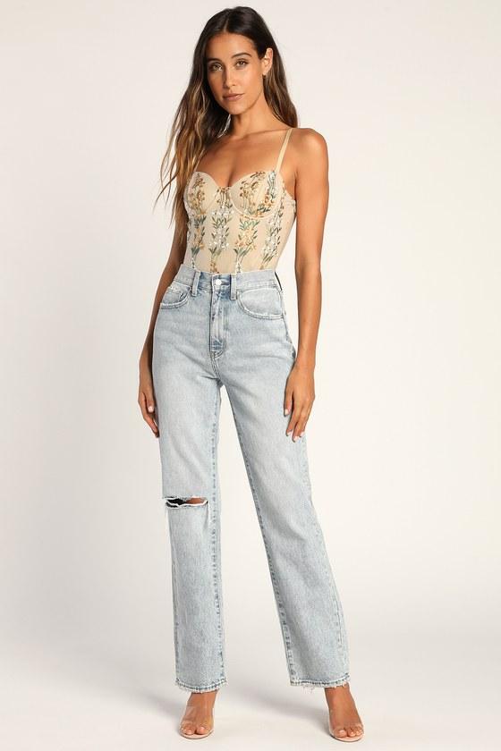 Essence of Elegance Beige Embroidered Bustier Bodysuit Product Image