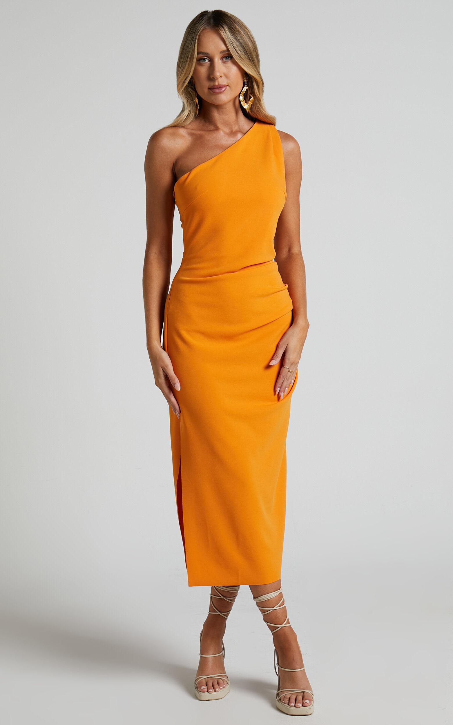 Monette Midi Dress - One Shoulder Straight Dress in Orange Product Image