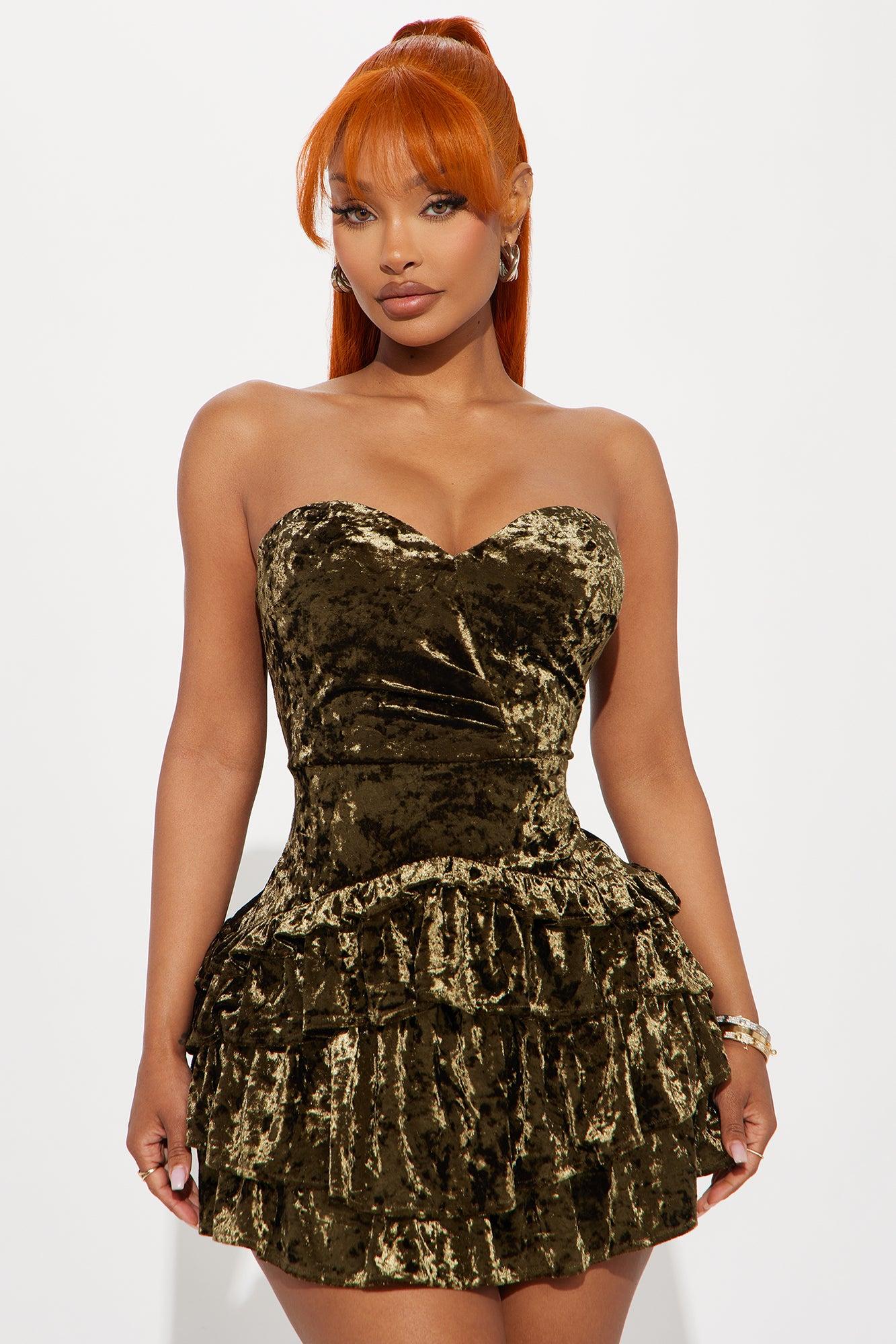 Genoa Ruffle Velvet Mini Dress - Olive Product Image