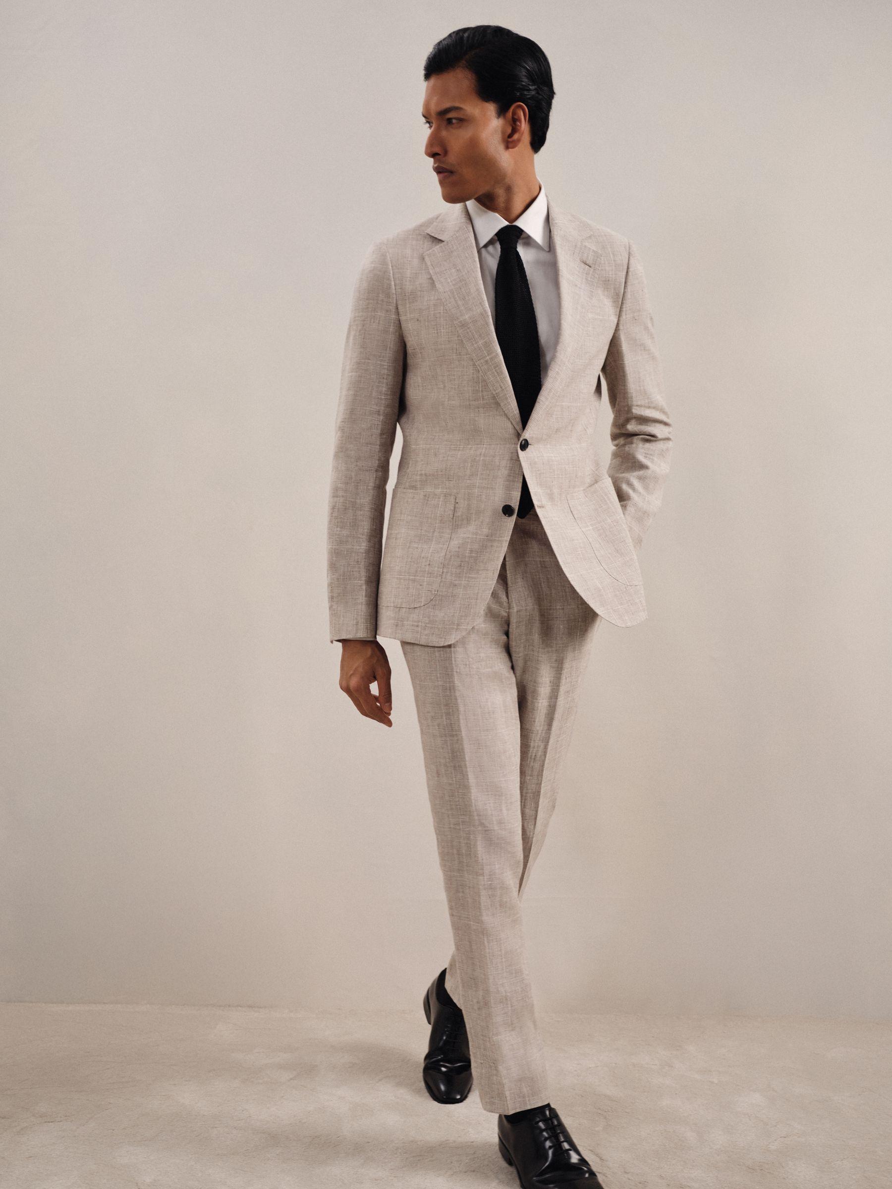 Slim Fit Linen Single Breasted Check Suit Blazer in Oatmeal Product Image