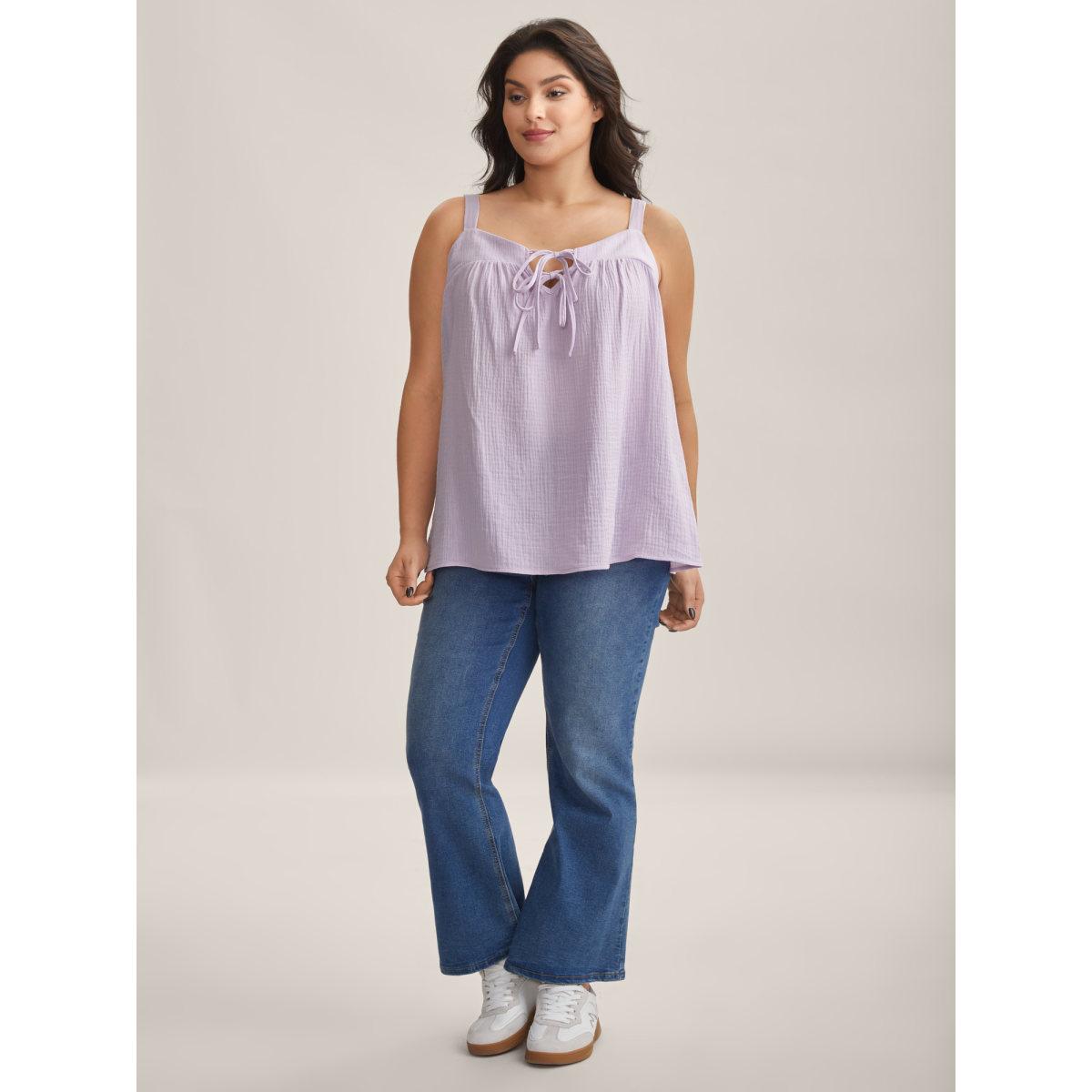 Plus Size Neck Tie-UP Pleated Tank Top Women Lavender Tie knot Heart neckline Everyday-Casual Tank Tops Camis BloomChic 14-16/1X Product Image