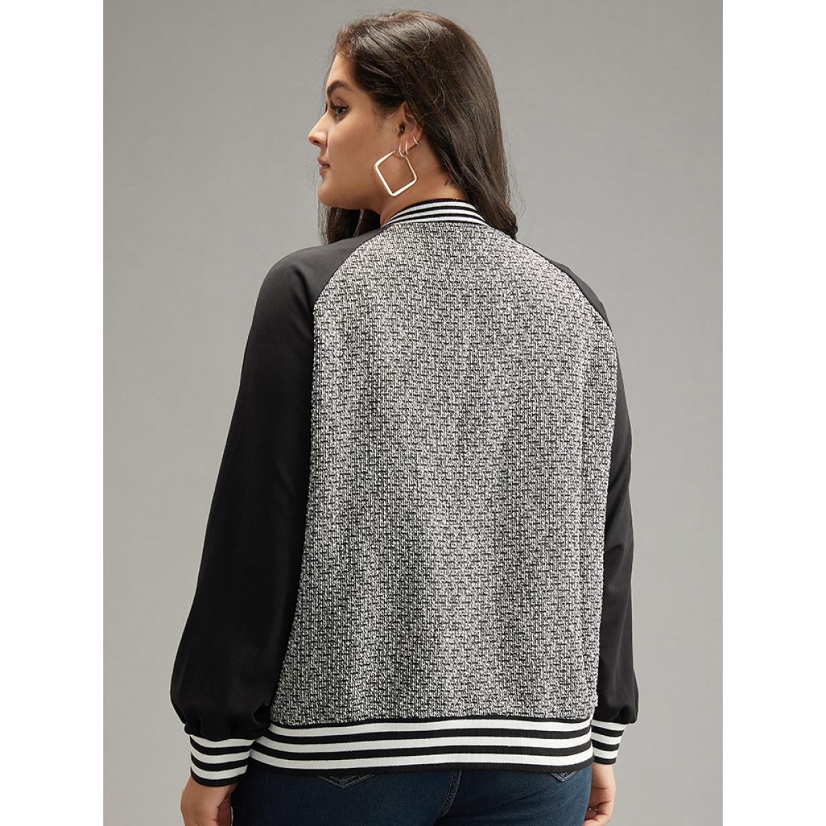 Plus Size Texture Patchwork Contrast Striped Button Up Jacket Women Black Elastic cuffs Pocket Everyday Jackets BloomChic 10/M Product Image