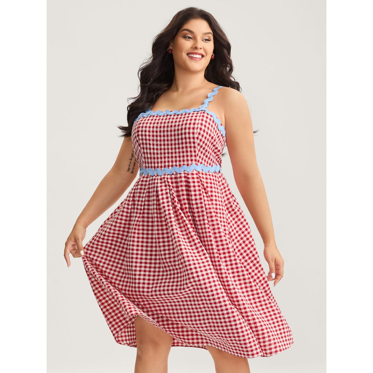 Plus Size Cotton Sweet Gingham Print Stretchy Waist Midi Dress Raspberry Women Non Sleeveless Curvy BloomChic 26/4X Product Image