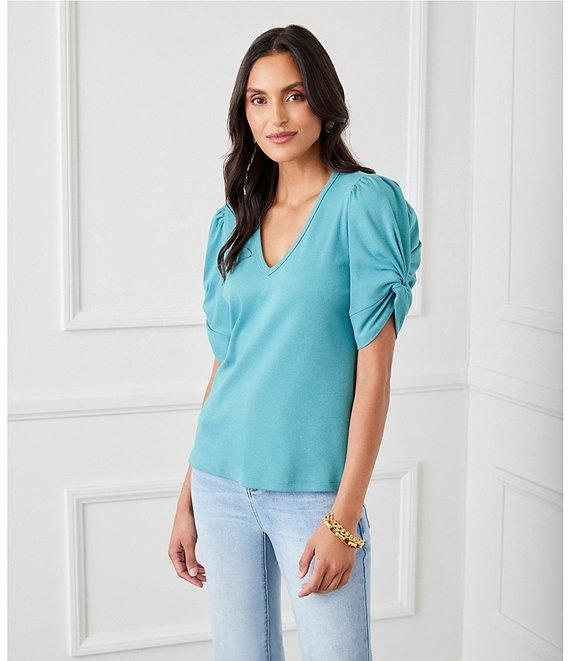 Karen Kane Petite Size Twisted Short Puff Sleeve V-Neck Top Product Image