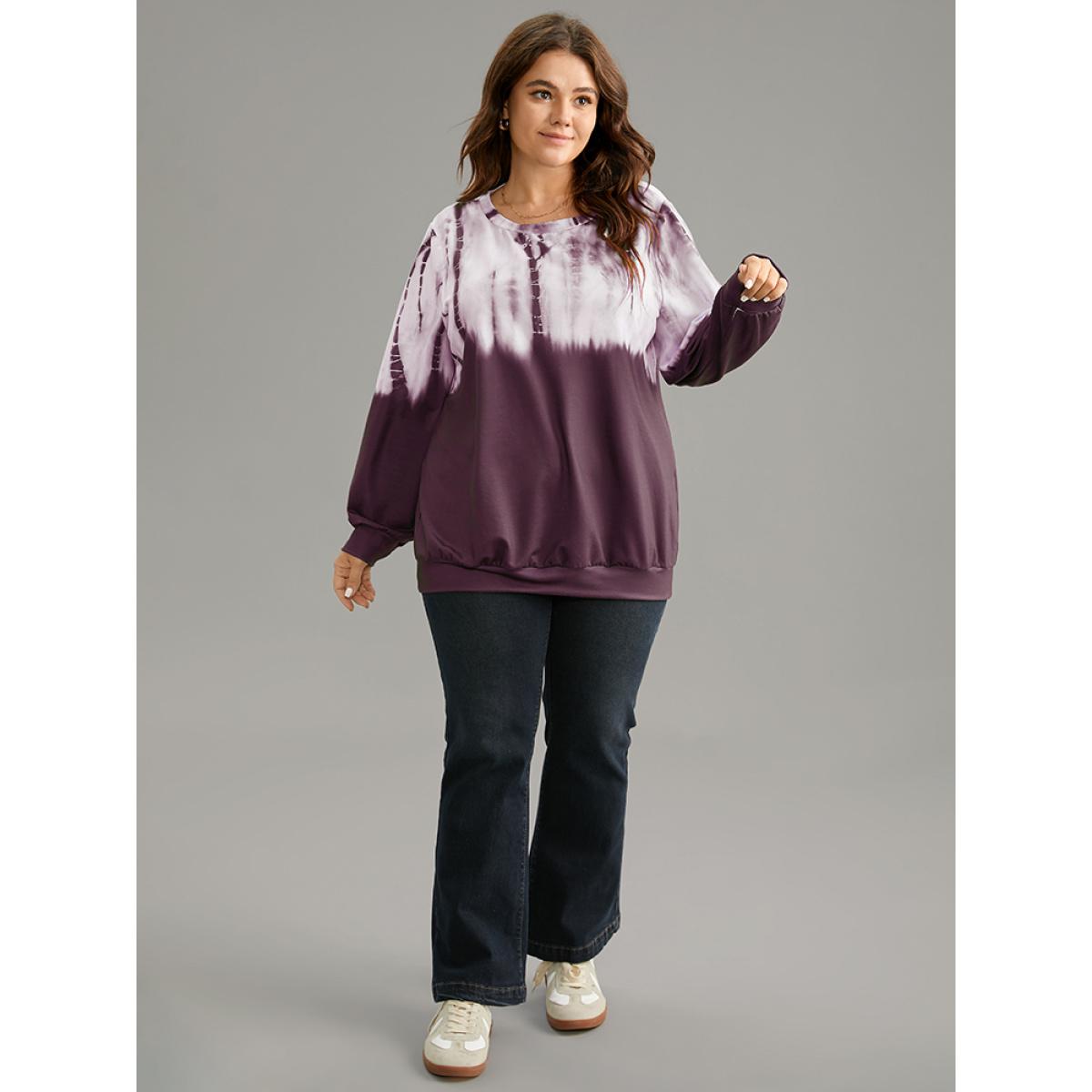 Plus Size Tie Dye Ombre Crew Neck Sweatshirt Women Purple Casual Tie Dye Round Neck Dailywear Sweatshirts BloomChic 12/L Product Image