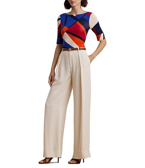 Lauren Ralph Lauren Stretch Cotton Abstract Print Boat Neck Elbow Length Sleeve Tee Top Product Image