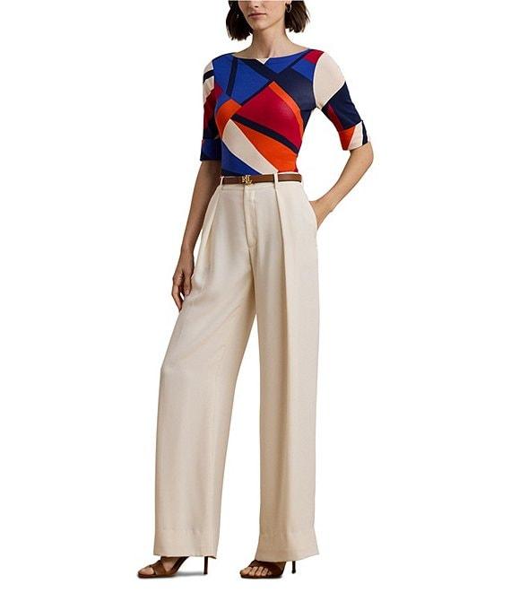 Lauren Ralph Lauren Petite Size Stretch Cotton Abstract Print Boat Neck Elbow Length Sleeve Top Product Image