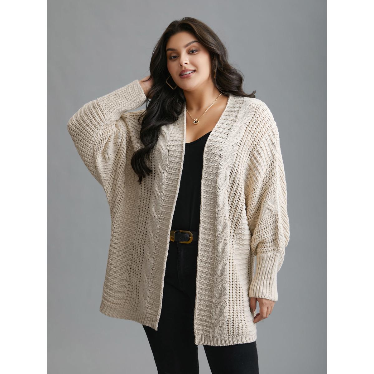 Plus Size Cable Knit Open-Front Ribbed Knit Cardigan Apricot Women Casual Loose Long Sleeve Everyday Cardigans BloomChic 10/M Product Image