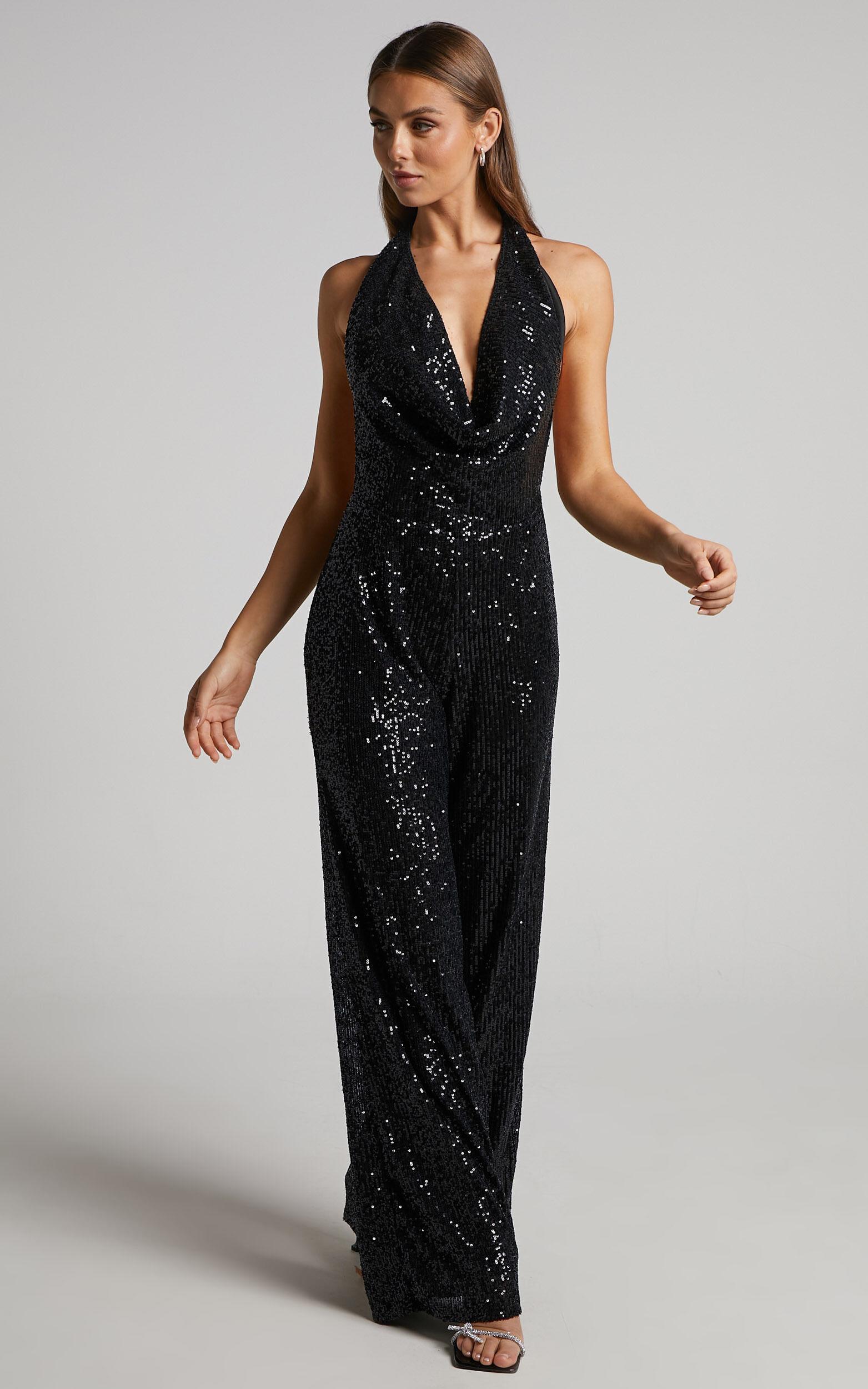 Julien Jumpsuit - Backless Wide Leg Cowl Neck Sequin Jumpsuit in Black Product Image