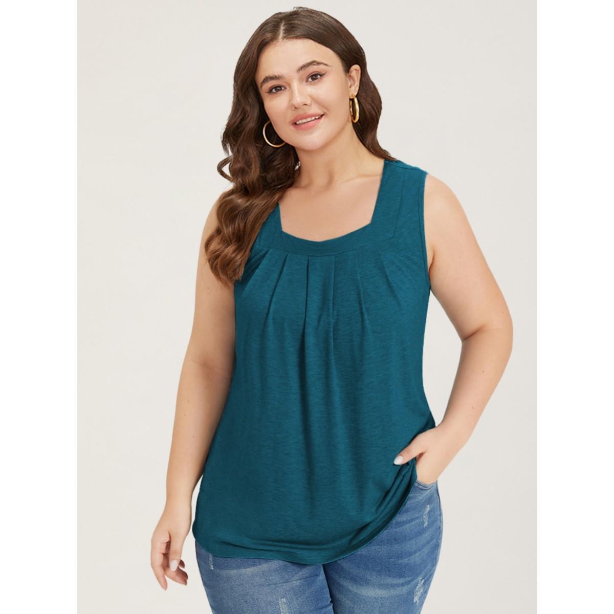 Plus Size Heather Plicated Detail Square Neck Tank Top Women Aegean Leisure Non U-neck Casual Tank Tops Camis BloomChic 12/L Product Image