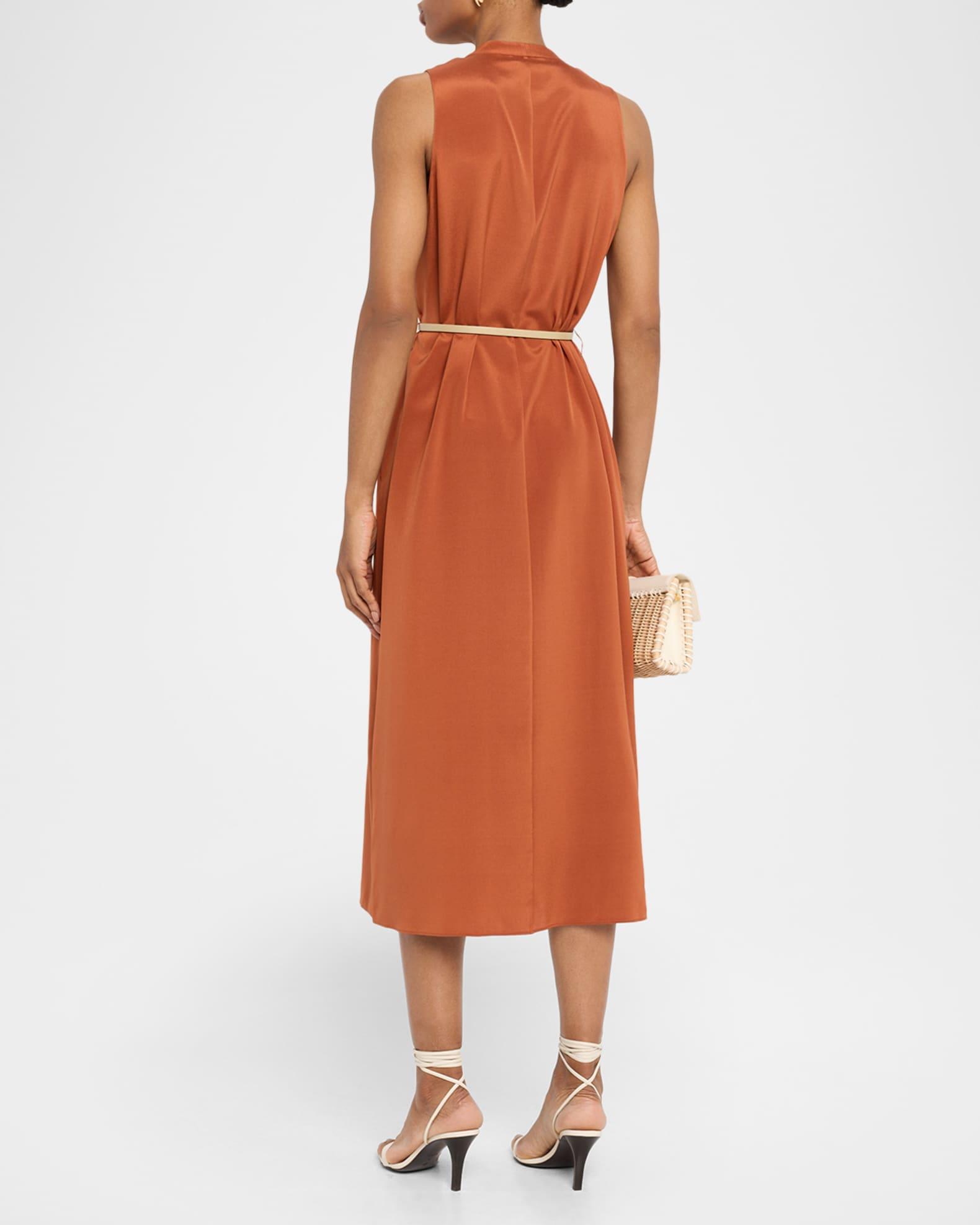 Sleeveless Stretch Silk Midi Dress with Leather Belt Product Image