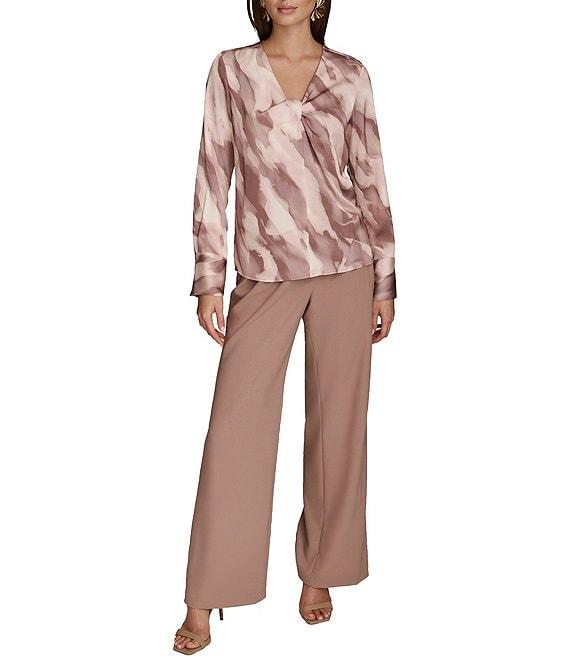 Donna Karan Mink Combo Printed Satin Twist Front V-Neck Long Sleeve Blouse Product Image