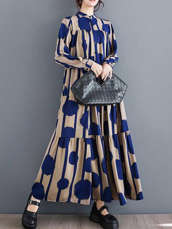 A-Line Long Sleeves Buttoned Pleated Polka-Dot Split-Joint Stand Collar Maxi Dresses Shirt Dress Product Image