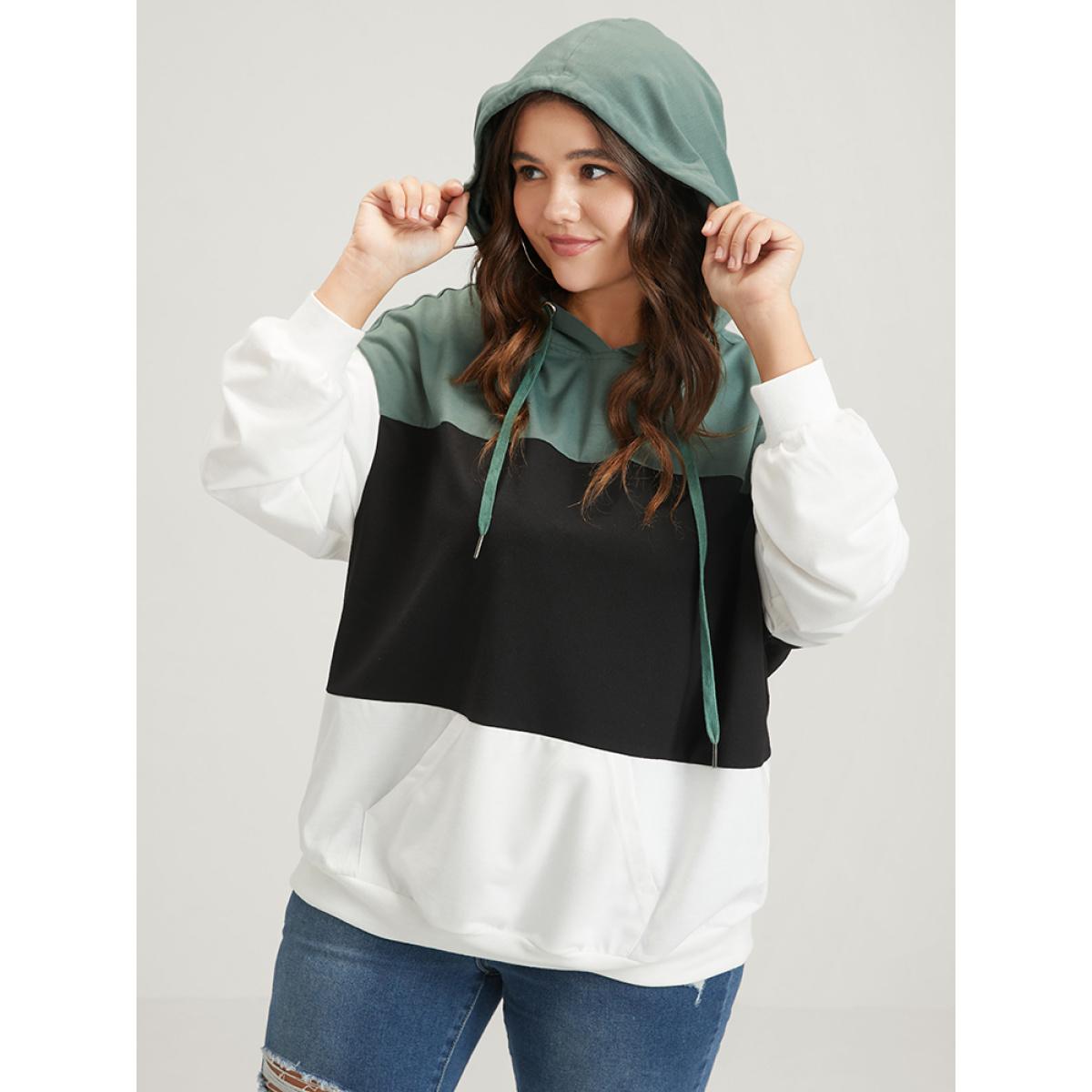 Plus Size Colorblock Contrast Drawstring Pocket Hooded Drop Shoulder Sweatshirt Women Multicolor Casual Contrast Hooded Dailywear Sweatshirts BloomChic 14-16/1X Product Image