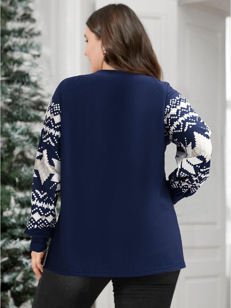 Snowflake Print V Neck Drop Shoulder Sweatshirt Female Product Image
