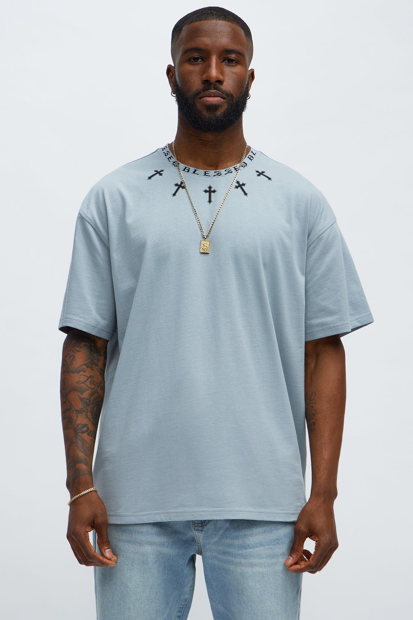 Short Sleeve Blessed Graphic Collar Tee - Grey Male Product Image