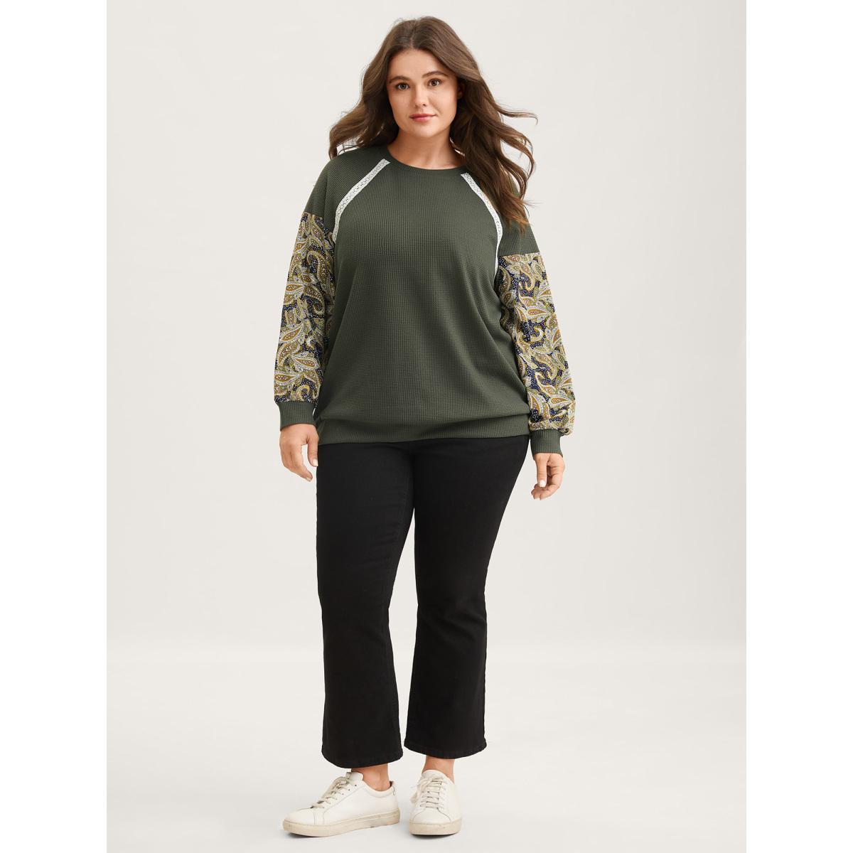 Plus Size Paisley Sleeve Textured Contrast Sweatshirt Women ArmyGreen Woven ribbon&lace trim Round Neck Casual Sweatshirts BloomChic 18-20/2X Product Image