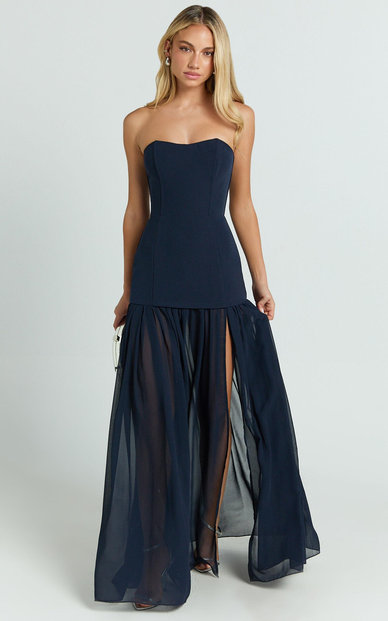 Jocelyn Maxi Dress - Strapless Ruched Fit And Flare Dress in Navy Product Image