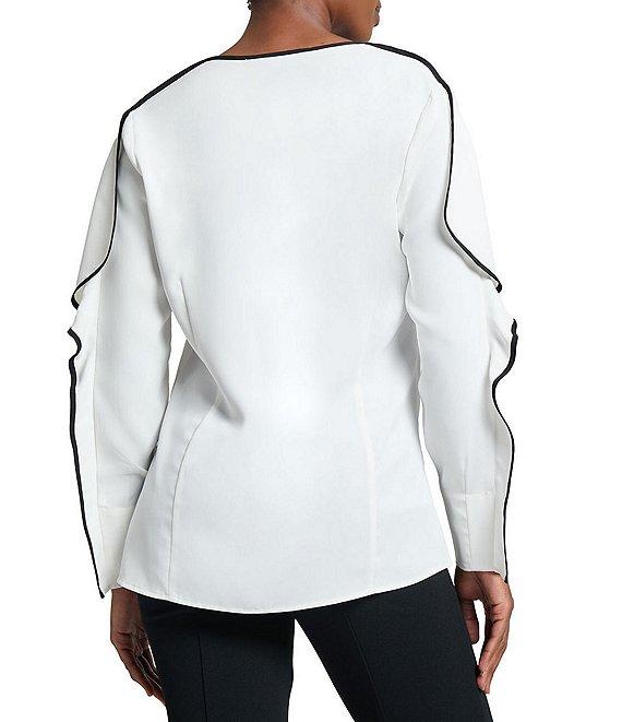 Ming Wang Crepe De Chine Contrast V-Neck Long Ruffle Sleeve Blouse Product Image
