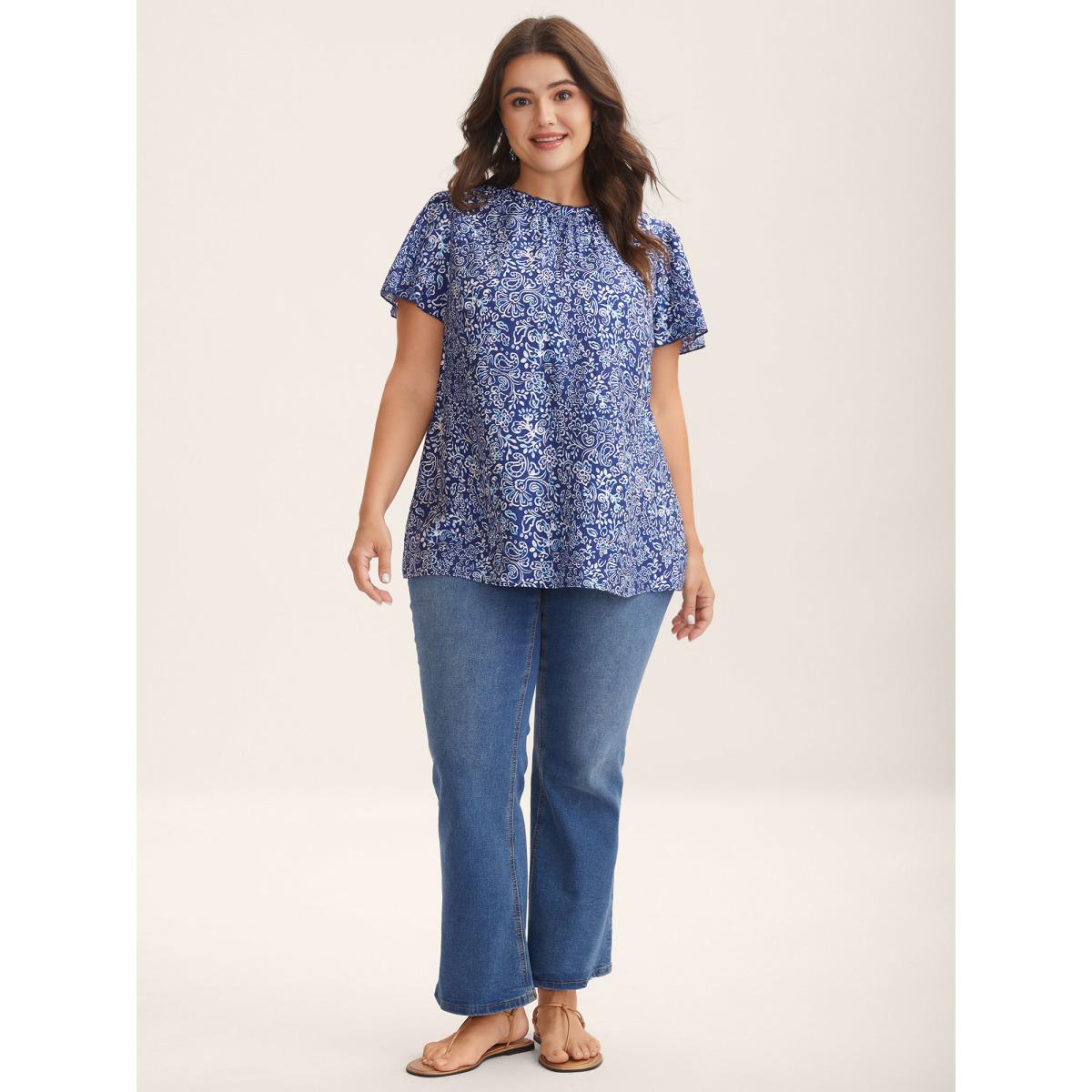 Plus Size DarkBlue In Full Bloom Mock Neck Shirt Women Resort Cap Sleeve Stand-up collar Vacation Blouses BloomChic 22-24/3X Product Image