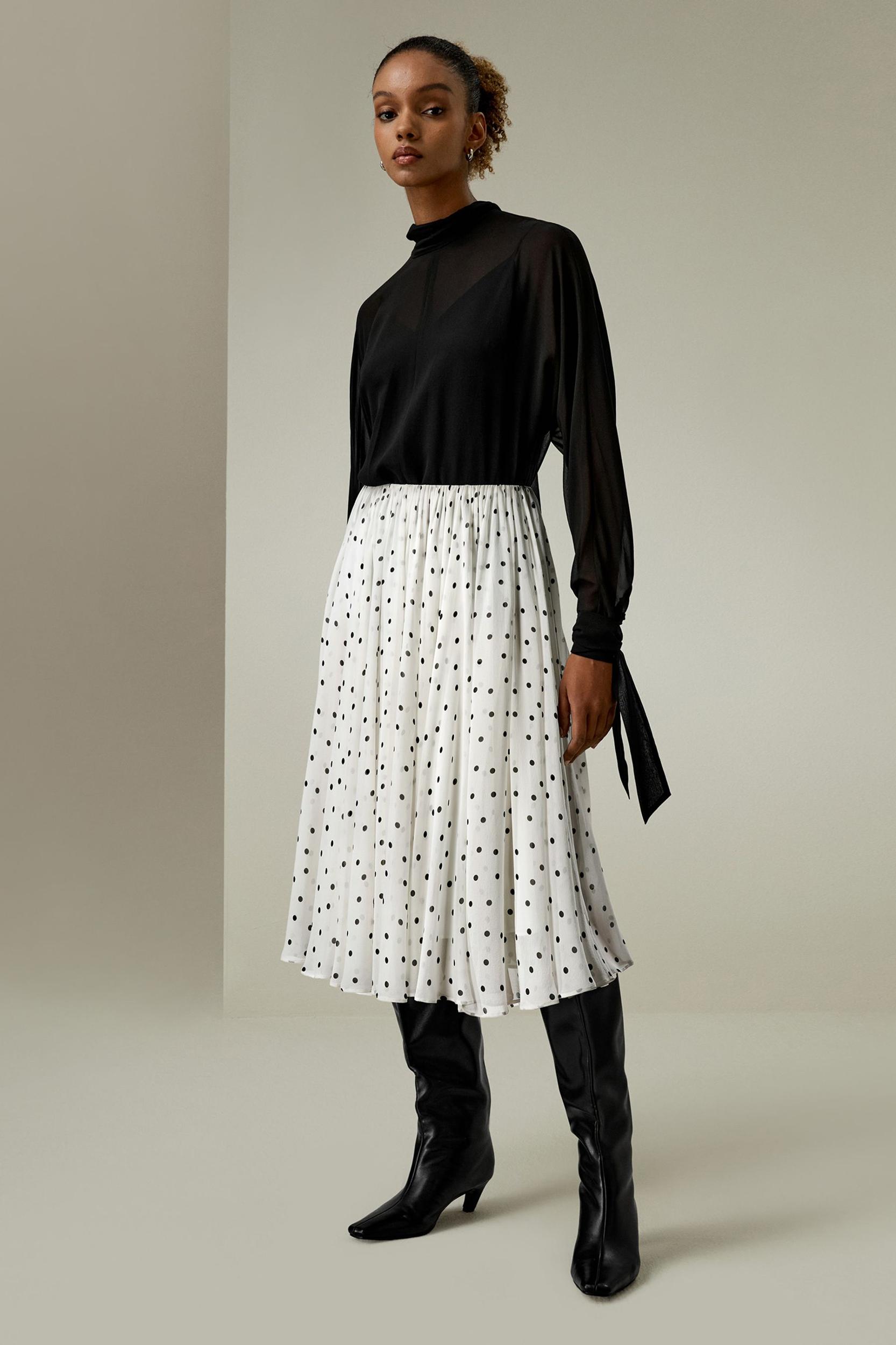 Polka-Dot Silk Midi Skirt Product Image