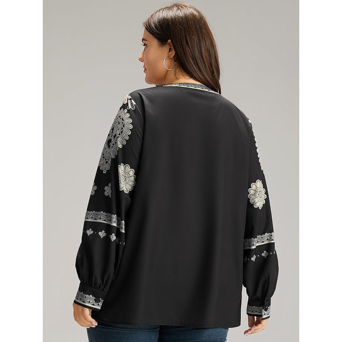 Plus Size BlackFlower Boho Print Tie Neck Tassel Gathered Blouse Women Vacation Long Sleeve Tie Neck Vacation Blouses BloomChic 18-20/2X Product Image