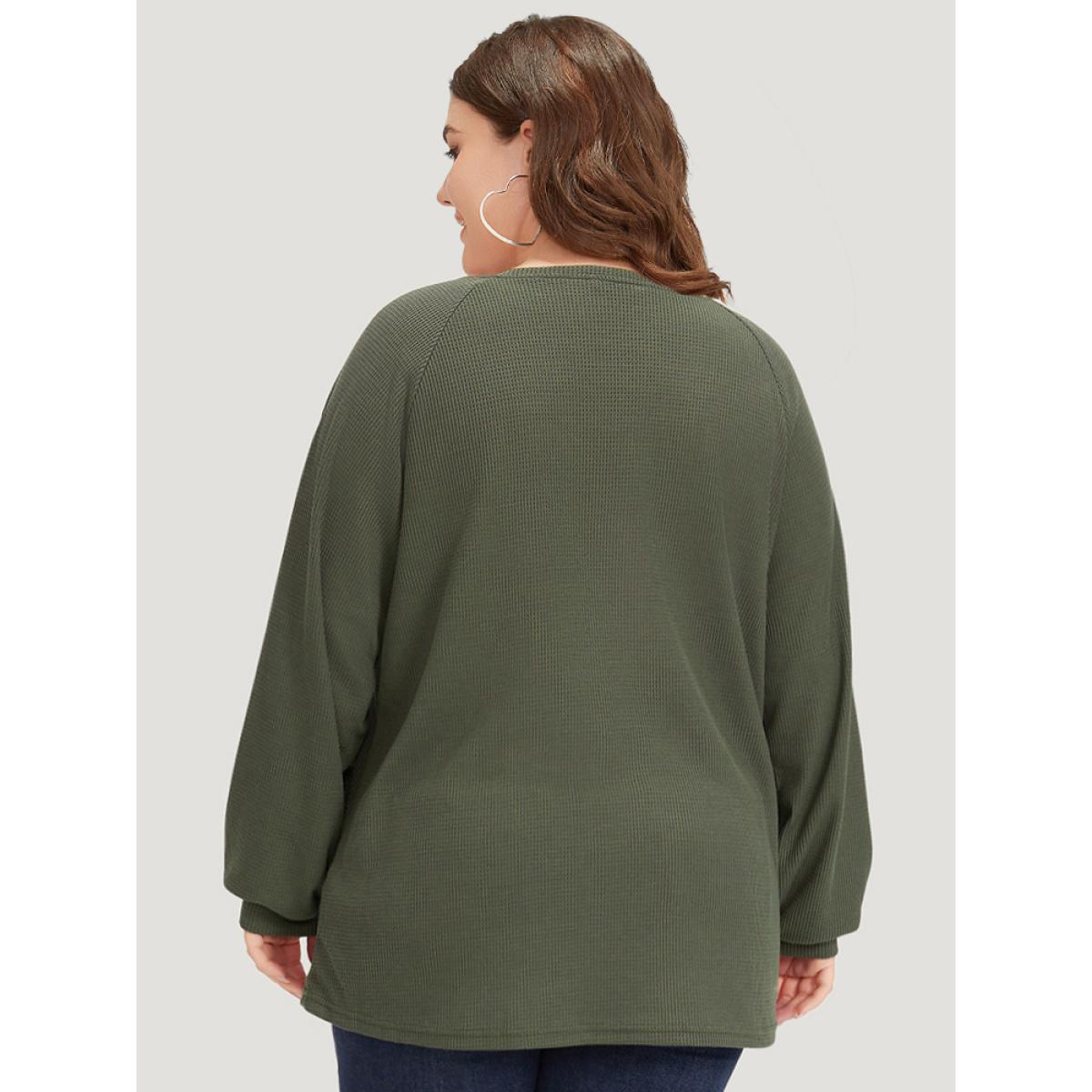Plus Size Plain Waffle Knit Button Detail Crew Neck Raglan Sleeve T-shirt ArmyGreen Women Casual Elastic cuffs Plain Round Neck Dailywear T-shirts BloomChic 26/4X Product Image