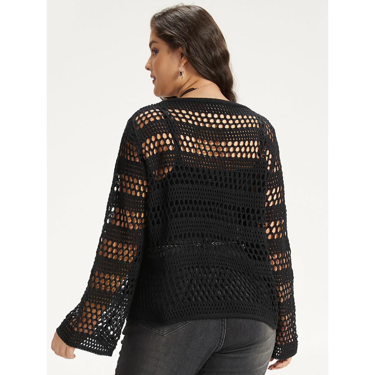 Plus Size Halloween Plain Hollow Out Ties Open Front Cardigan Black Women Casual Loose Long Sleeve Festival-Halloween Cardigans BloomChic 22-24/3X Product Image