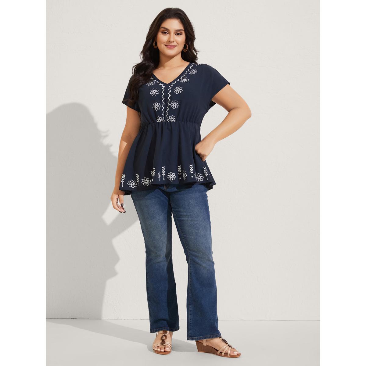 Plus Size Indigo Boho Embroidery Babydoll Top Women Short sleeve V-neck Vacation Blouses BloomChic 14-16/1X Product Image