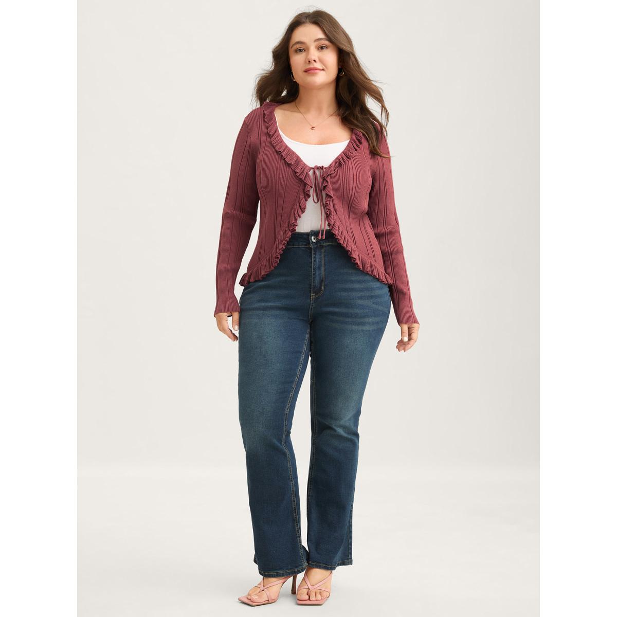 Plus Size Ruffled Edged Front Tie Knit Cardigan Rust Women Timeless Bodycon Long Sleeve Elegant Cardigans BloomChic 14-16/1X Product Image