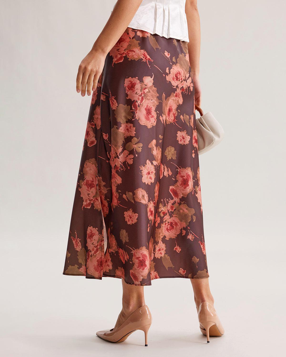 Brown Floral Straight Midi Skirt Product Image