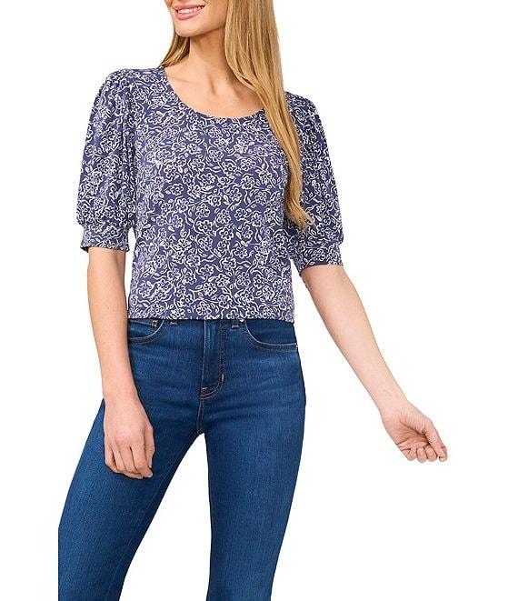 CeCe Knit Floral Print Scoop Neck Short Puff Sleeve Blouse Product Image