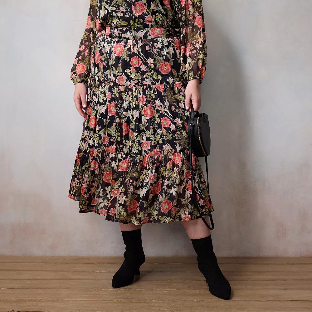 Plus Size LC Lauren Conrad Three Tiers Midi Skirt, Women's, Size: 1XL, Black Bryn Botanical Product Image