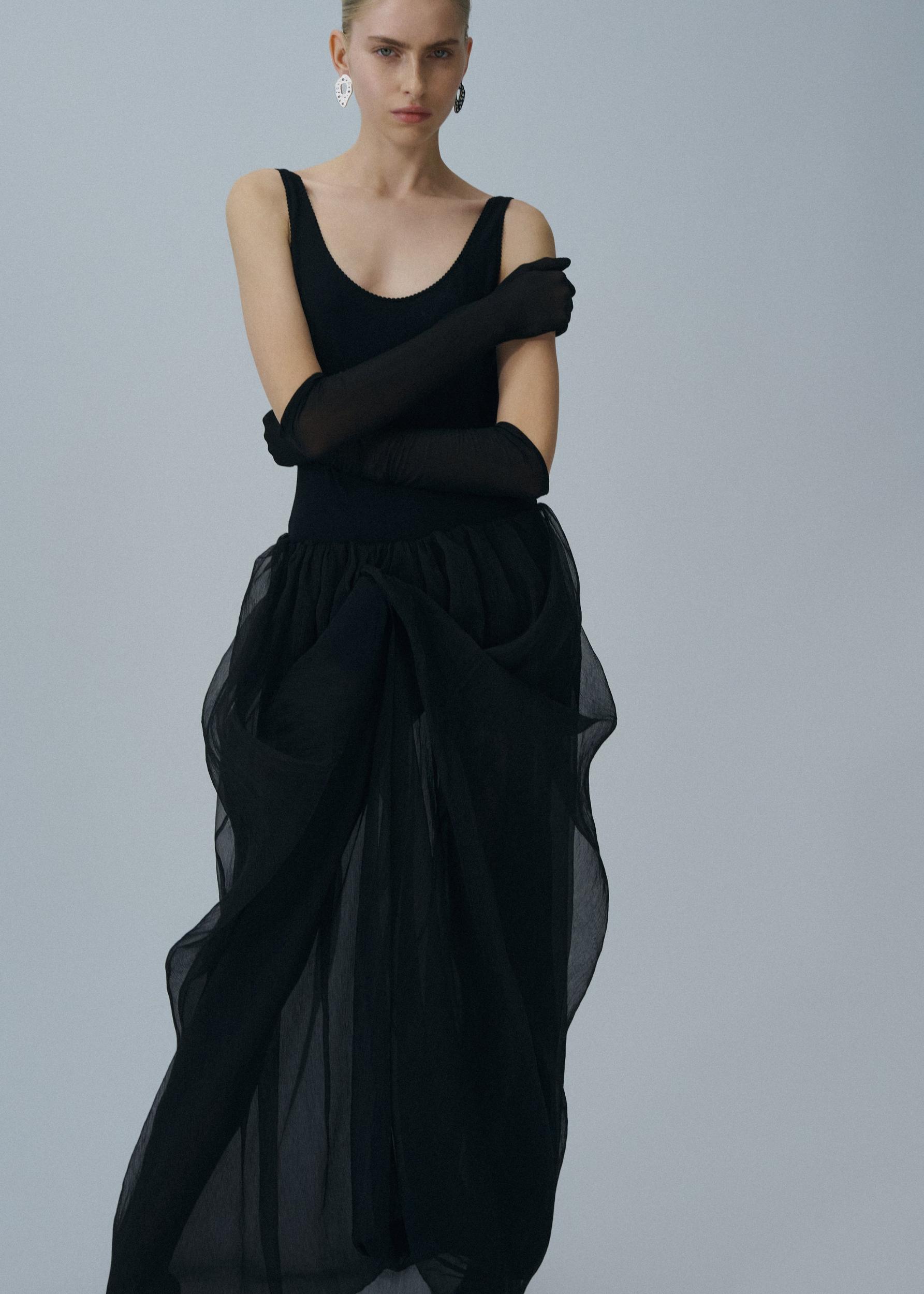 Sheer silk sculptural maxi skirt in black Product Image