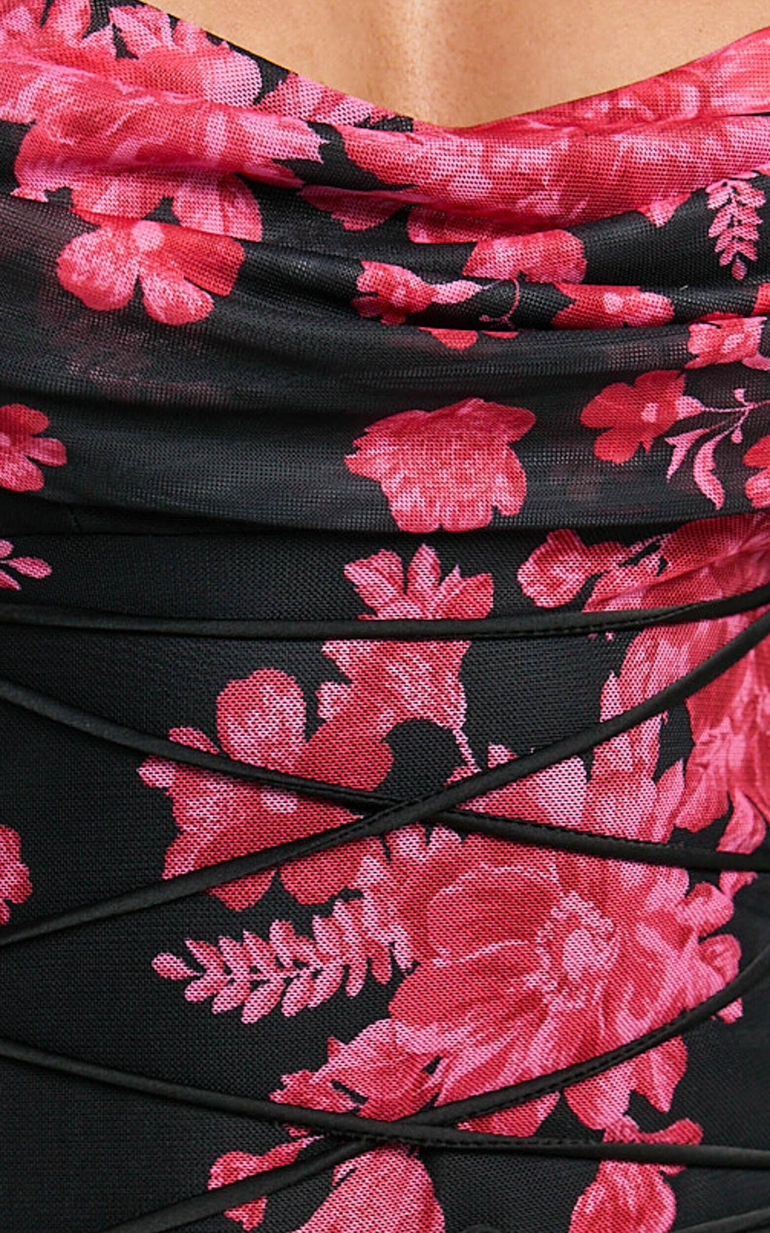 Ariel Midi Dress - Mesh Bodycon Tie Detail Dress in Black & Red Floral Product Image
