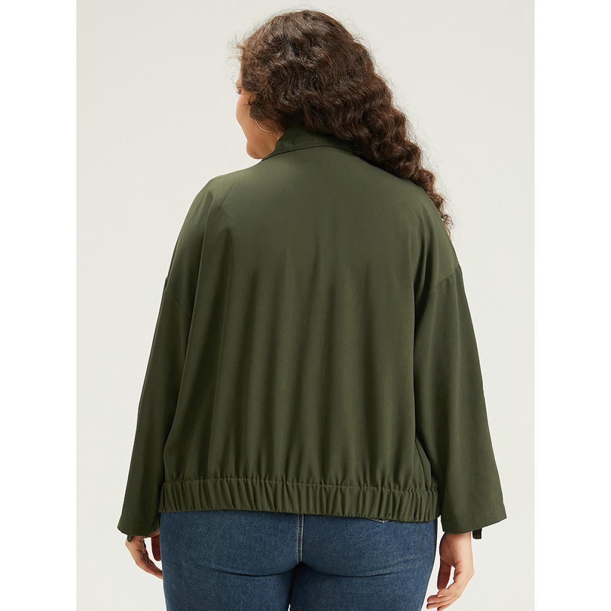 Plus Size Lapel Collar Solid Gathered Tab Sleeve Jacket Women ArmyGreen Plain Pocket Dailywear Jackets BloomChic 12/L Product Image